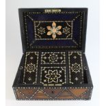 Sewing / jewllery box with brass handle, made from a selection of woods, with mother of pearl