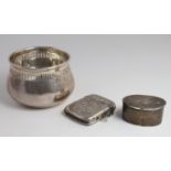 Mixed lot of silver comprising small pot, modern box and vesta case, various hallmarks. Weight 2 oz