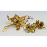 Yellow metal (tests 18ct) Pearl set Floral Brooch with safety chain comes with matching Earrings
