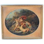 Oil on board, circa 19th century, depicting a classical scene of nude ladies at the waters edge,