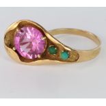 Yellow Metal (tests 15ct) Ring with Pink Sapphire and Jade size L weight 4g
