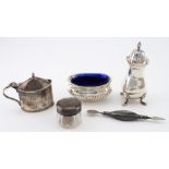 Mixed lot of silver comprising mustard pot, salt, pepper, small pot and an item from a manicure set.