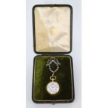 Superb Quality 18ct Gold Ladies Fob Watch set with Diamonds on a Diamond set ornate Bow hanger in