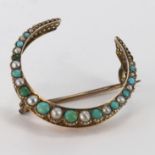 9ct Gold Crescent shaped Brooch set with Pearls and Turquoise weight 2.1 grams