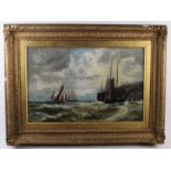 After J. Harris. Oil on canvas, depicting boats in a harbour, circa 19th century, unsigned, gilt