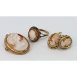 9ct Gold Cameo Ring with Cameo Brooch and Cameo Earrings weight 10.8g