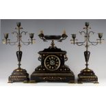 Black slate three piece garniture, comprising clock & two candle sticks, circa 19th century,