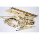 Collection of Victorian ivory & bone items, including calendar seal, needle holder, miniature riding