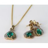 9ct Gold Synthetic Emerald / Diamond set pendant on a 18 inch chain with matching Earrings weight