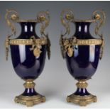 Two large blue ceramic urns / vases with ornate brass mounts, circa late 19th century, height 45cm