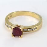18ct Gold Ruby and baguette Diamond Ring size L weight 3.7g