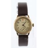 9ct gold cased wristwatch by Waltham, the white dial with Arabic numerals in black (red 12),