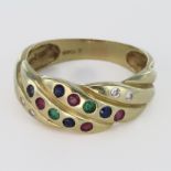 14ct Gold Ring set with Diamonds and semi precious stones size S weight 5.2g