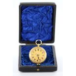 Ladies 18kt open face fob watch. The gilt dial with gilt roman numerals, housed in an old pocket