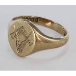 9ct Gold Masonic ring, hallmarked 'Birmingham 1921' (?), weight. 6.7g approx., size V