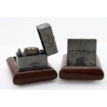 Two unusual folding inkwells with glass liners and mahogany surround, both marked Ransomes Patent,