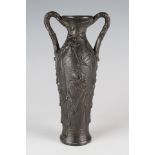 Pewter vase, with dragonflies and foliate decoration, circa early to mid 20th century, height 22.5cm