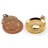 Two 9ct Gold medals / fobs, comprising 'S.D.C.L Champions 1925' (hallmarked W.W.C., Birmingham 1925)