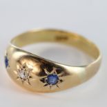 18ct Gold 3 stone Gypsy style Sapphire and Diamond Ring size R weight 3.3g