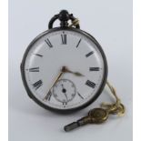 Silver open face pocket watch. Hallmarked London 1859, with key. Approx 42mm dia