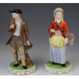 Two Dresden porcelain figures, depicting a gentleman carrying pots & pans & a lady carrying a