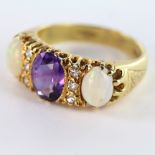 18ct Gold Opal/Amethyst/Diamond Ring size O weight 7.4g