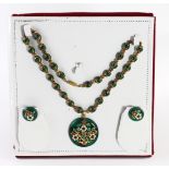 Enamelled Jewellery set of Necklace and Earrings with Jadeite pendants tests as 9ct