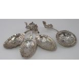 Four Dutch silver fancy spoons (one is a strainer). Re-hallmarked in United Kingdom for London