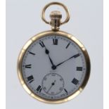 Gents 9ct gold cased open face pocket watch, hallmarked Chester 1927, the white enamel dial with
