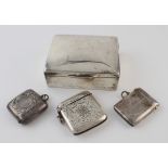 Small silver cigarette box (wood lined) rubbed hallmarks together with three vesta cases