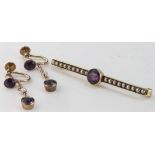 Yellow Metal Seed Pearl and Amethyst Bar Brooch and matching Drop screw back Earrings weight 5.1