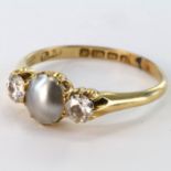 18ct Gold Ring set with central Pearl between two 0.20ct Diamonds size Q weight 3.3 grams