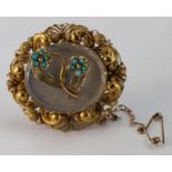 Yellow Metal Hair filled Mourning Brooch set with Turquoise beads weight 8.6 grams