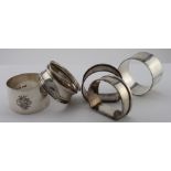 Five silver napkin rings, various hallmarks. Weight 3 ¼ ox approx.
