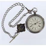 Silver cased centre seconds chronograph pocket watch, hallmarked Chester 1884 on a white metal chain