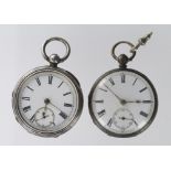 Two silver open face pocket watches, hallmarked Birmingham 1891 & London 1874. Both approx 48mm