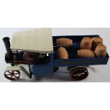 Mamod SW1 blue live steam wagon, with six wooden barrels, length 39cm approx., contained in original