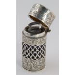 Silver scent bottle with engraved foliate decoration, blue glass liner and glass stopper, hallmarked