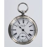 Silver (0.800) open face pocket watch by Joseph Feyen, Cappelen. the signed white dial with black