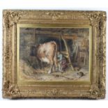 Robert Waite (1842 - 1935), depicting a woman milking a cow in a barn, with a cat drinking a bowl of