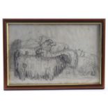 Early 19th Century. Pencil drawing, depicting a flock of sheep in a field stood next to a gate,