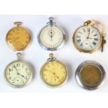 Four base metal pocket watches (one Military) with a base metal stop watch