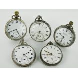 Five Silver open face pocket watches. Average 46 - 50mm diameter