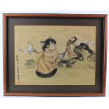 Framed and glazed oriental silk painting of a cat with blossoms, visible picture size H:26cm x W: