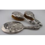 Reynold's Angels silver backed hair brush set comprising two hair brushes and a mirror, various