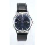 Gents Omega Geneve stainless steel wristwatch circa 1970s, The blue dial with baton markers and date