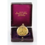 Boxed Ladies 14ct gold fob/pocket watch, the case with a foliage design and stamped inside 14k,