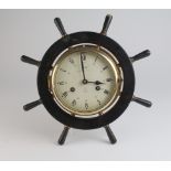 Schatz Royal Mariner brass 8 Day ship style clock, roman numerals to dial, with ships wheel