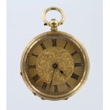 Mid size 18ct gold fob watch, the case with a foliage design and stamped inside 18k, approx 38mm
