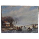 Oil on panel, circa 19th century, depicting a skating scene on a frozen lake (possibly Danish),